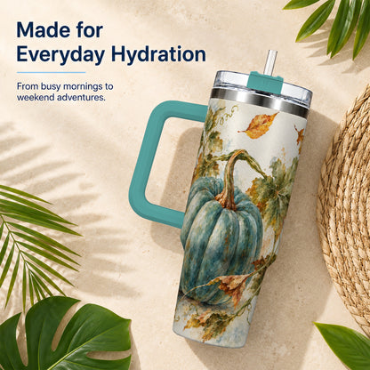 #pl[40oz|Green] Blue Pumpkin 40oz Tumbler with Handle, Watercolor Stainless Steel Cup