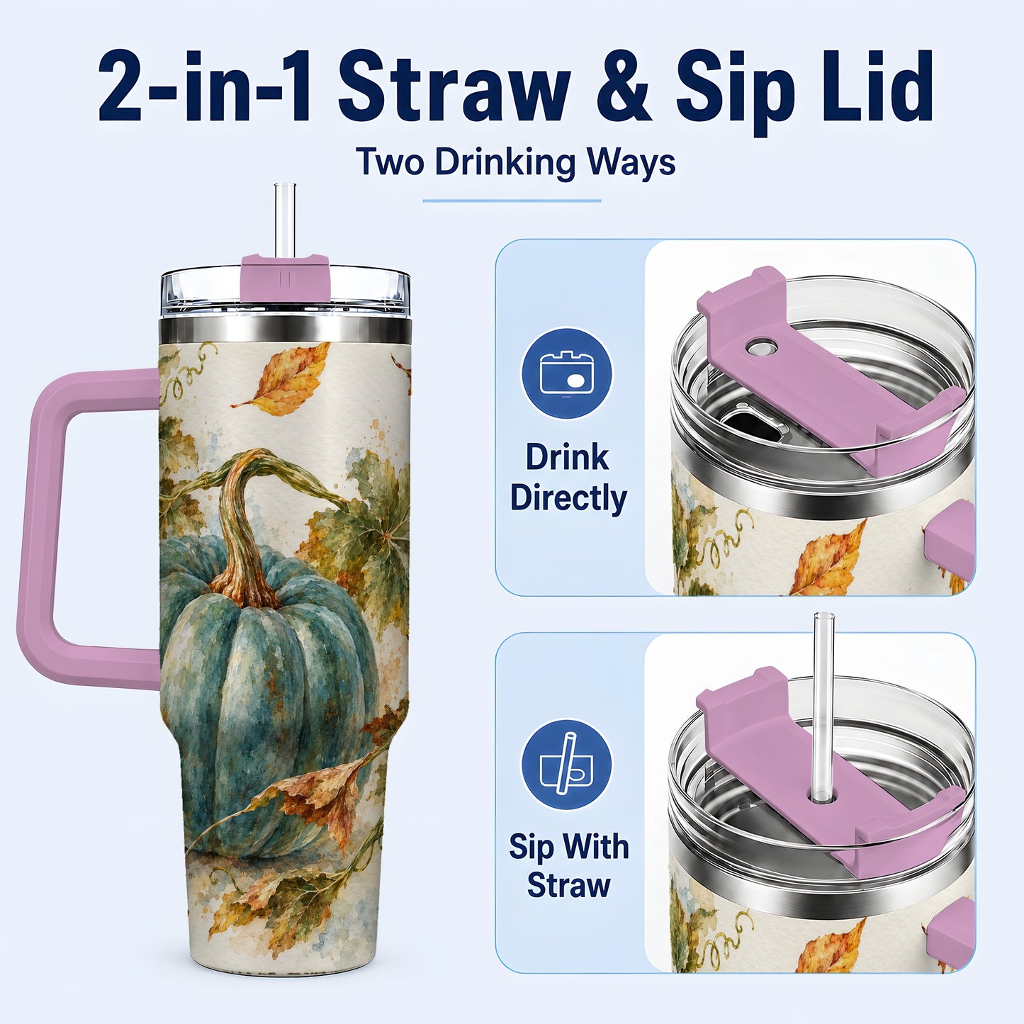 #pl[40oz|Pink] Blue Pumpkin 40oz Tumbler with Handle, Watercolor Stainless Steel Cup
