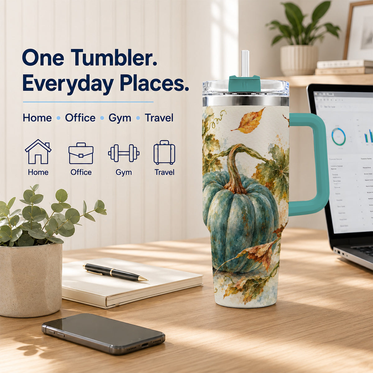 #pl[40oz|Green] Blue Pumpkin 40oz Tumbler with Handle, Watercolor Stainless Steel Cup