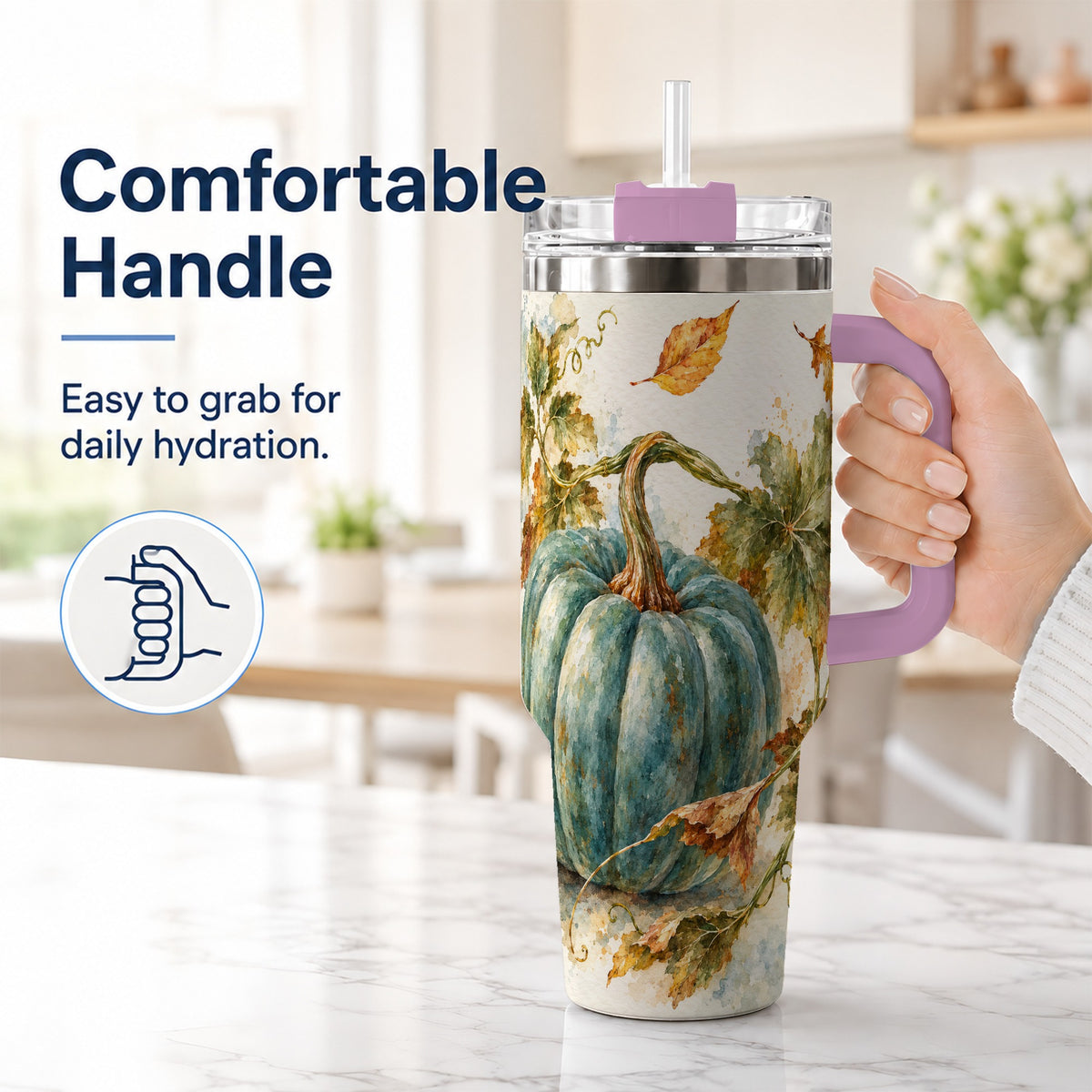 #pl[40oz|Pink] Blue Pumpkin 40oz Tumbler with Handle, Watercolor Stainless Steel Cup