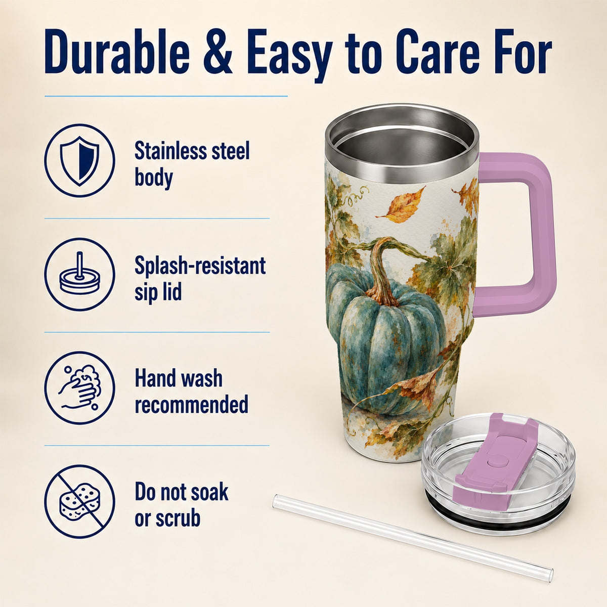 #pl[40oz|Pink] Blue Pumpkin 40oz Tumbler with Handle, Watercolor Stainless Steel Cup