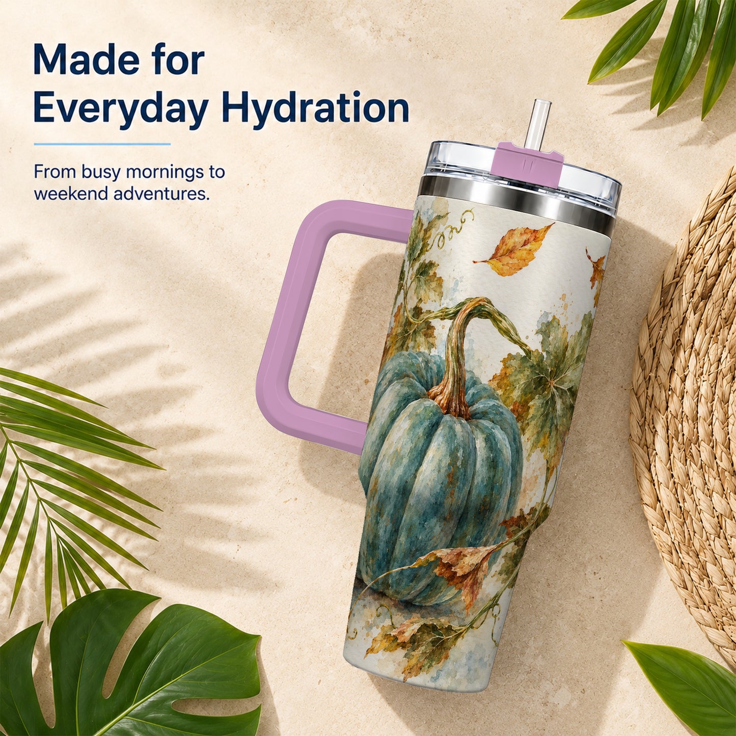 #pl[40oz|Pink] Blue Pumpkin 40oz Tumbler with Handle, Watercolor Stainless Steel Cup