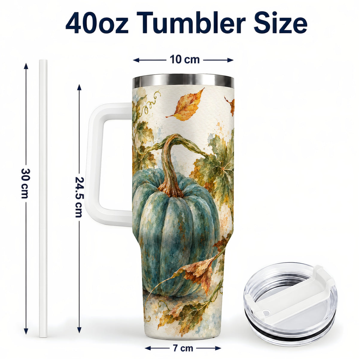 #pl[40oz|White] Blue Pumpkin 40oz Tumbler with Handle, Watercolor Stainless Steel Cup