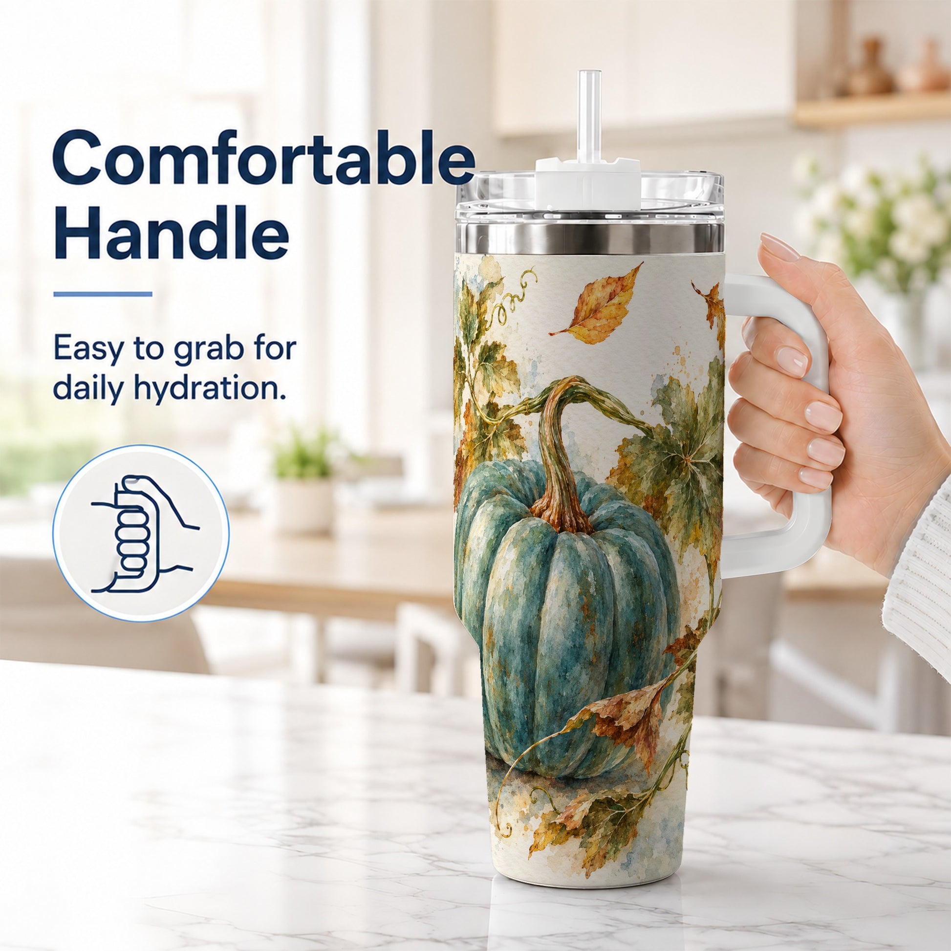 #pl[40oz|White] Blue Pumpkin 40oz Tumbler with Handle, Watercolor Stainless Steel Cup