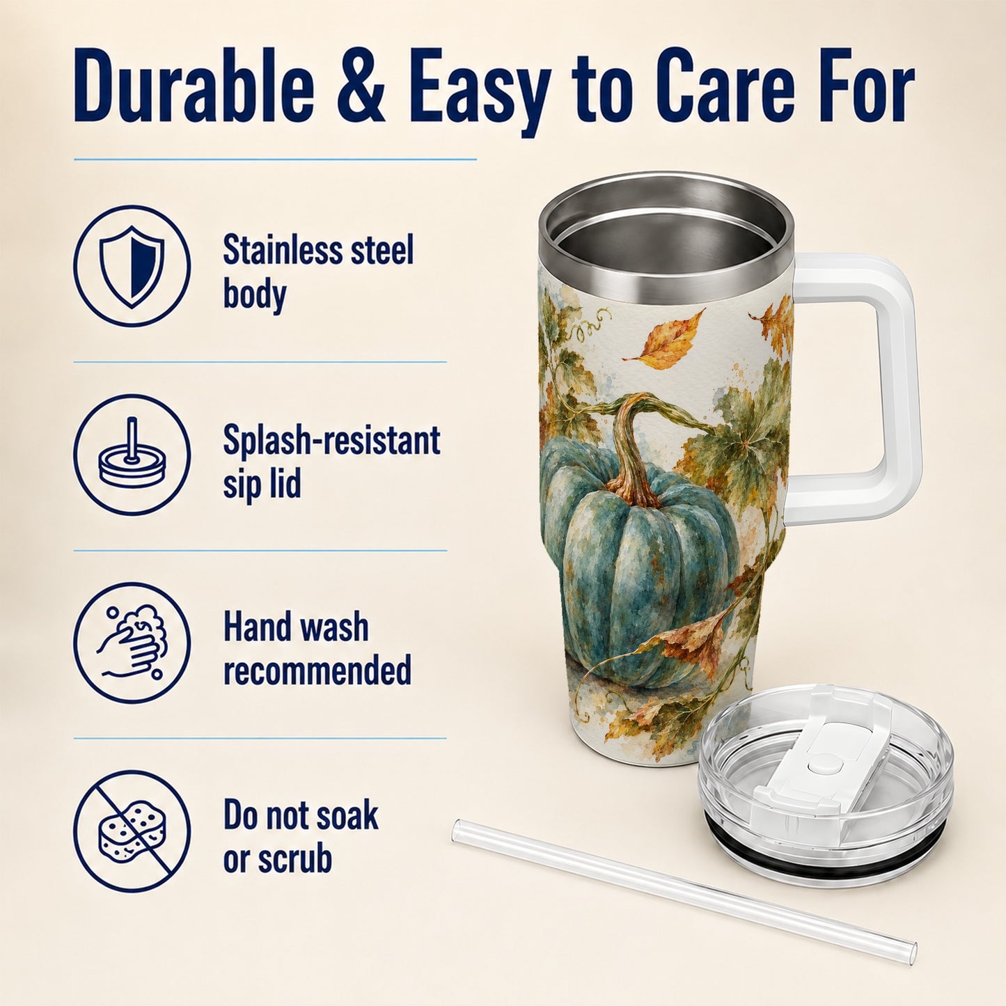 #pl[40oz|White] Blue Pumpkin 40oz Tumbler with Handle, Watercolor Stainless Steel Cup