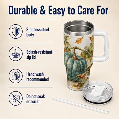 #pl[40oz|White] Blue Pumpkin 40oz Tumbler with Handle, Watercolor Stainless Steel Cup