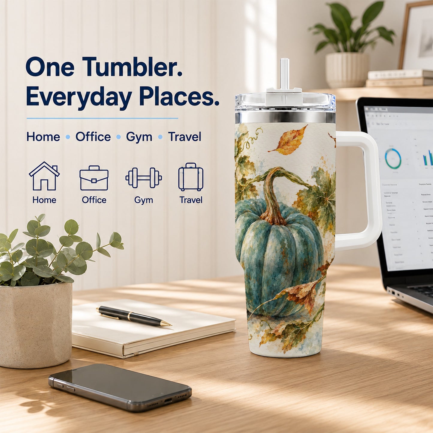 #pl[40oz|White] Blue Pumpkin 40oz Tumbler with Handle, Watercolor Stainless Steel Cup