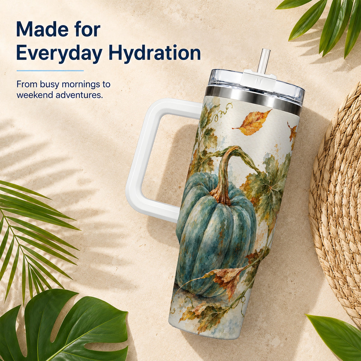 #pl[40oz|White] Blue Pumpkin 40oz Tumbler with Handle, Watercolor Stainless Steel Cup