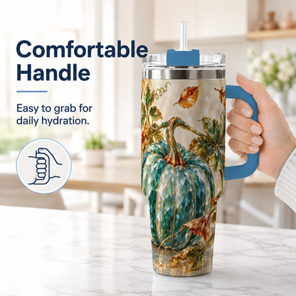 #pl[40oz|Blue] Faceted Pumpkin 40oz Tumbler with Handle, Fall Stainless Steel Travel Cup