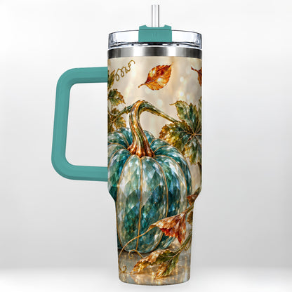 #pl[40oz|Green] Faceted Pumpkin 40oz Tumbler with Handle, Fall Stainless Steel Travel Cup