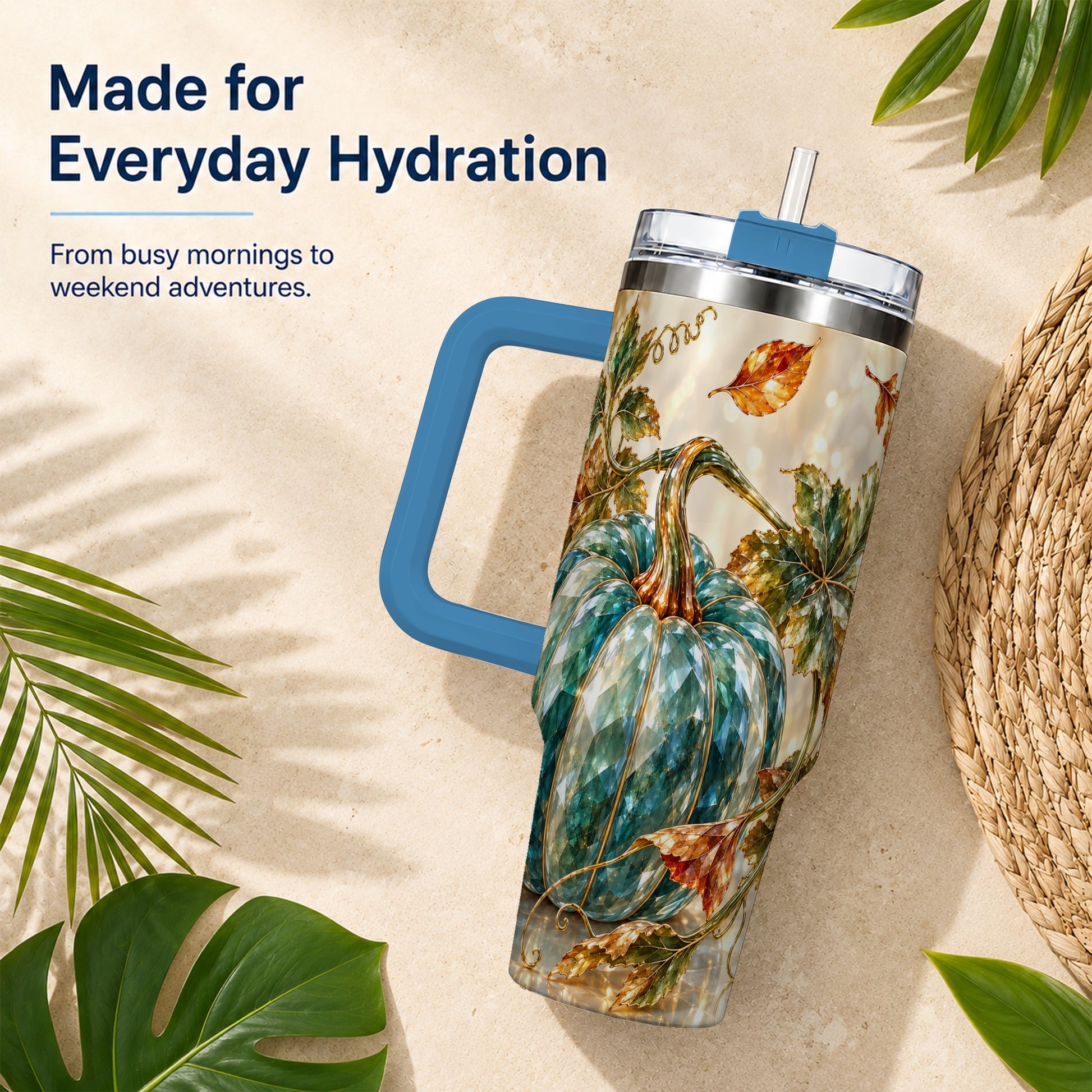 #pl[40oz|Blue] Faceted Pumpkin 40oz Tumbler with Handle, Fall Stainless Steel Travel Cup