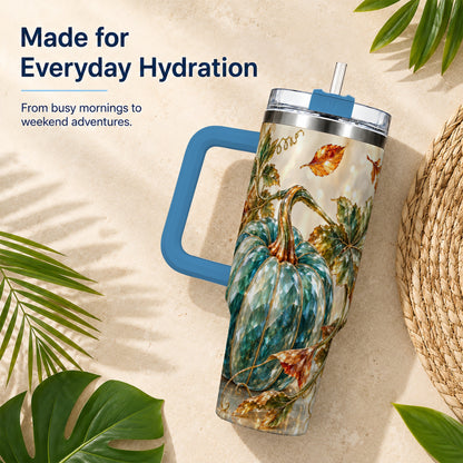 #pl[40oz|Blue] Faceted Pumpkin 40oz Tumbler with Handle, Fall Stainless Steel Travel Cup