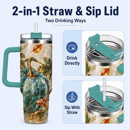 #pl[40oz|Green] Faceted Pumpkin 40oz Tumbler with Handle, Fall Stainless Steel Travel Cup