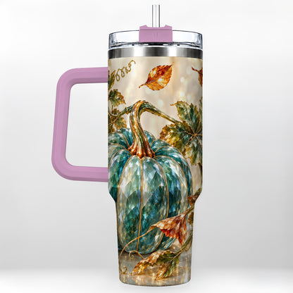 #pl[40oz|Pink] Faceted Pumpkin 40oz Tumbler with Handle, Fall Stainless Steel Travel Cup