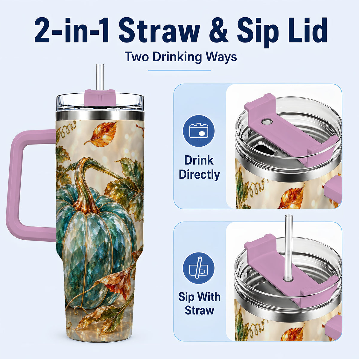 #pl[40oz|Pink] Faceted Pumpkin 40oz Tumbler with Handle, Fall Stainless Steel Travel Cup