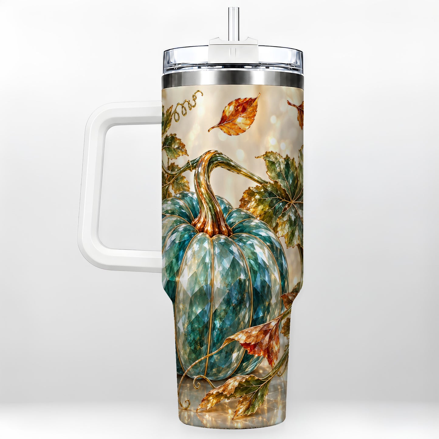 Faceted Pumpkin 40oz Tumbler with Handle, Fall Stainless Steel Travel Cup