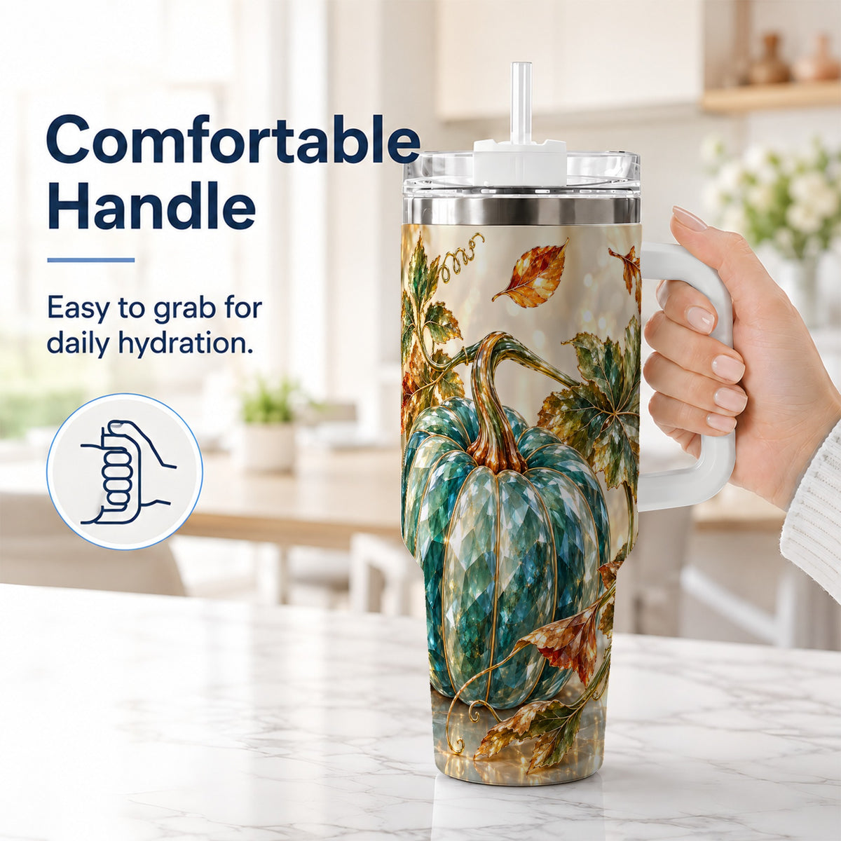 #pl[40oz|White] Faceted Pumpkin 40oz Tumbler with Handle, Fall Stainless Steel Travel Cup