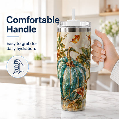 #pl[40oz|White] Faceted Pumpkin 40oz Tumbler with Handle, Fall Stainless Steel Travel Cup