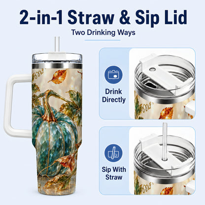 #pl[40oz|White] Faceted Pumpkin 40oz Tumbler with Handle, Fall Stainless Steel Travel Cup