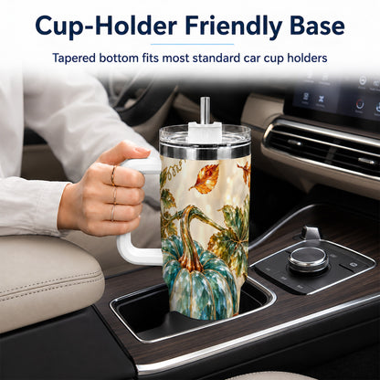 #pl[40oz|White] Faceted Pumpkin 40oz Tumbler with Handle, Fall Stainless Steel Travel Cup