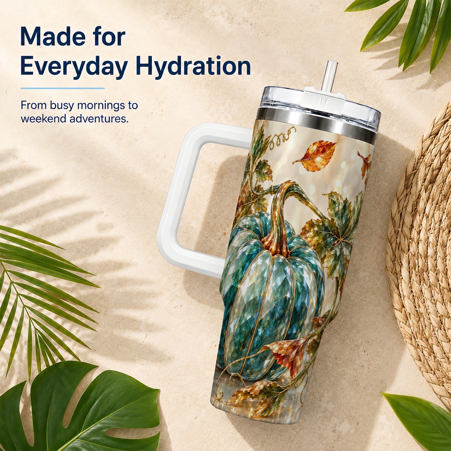 #pl[40oz|White] Faceted Pumpkin 40oz Tumbler with Handle, Fall Stainless Steel Travel Cup
