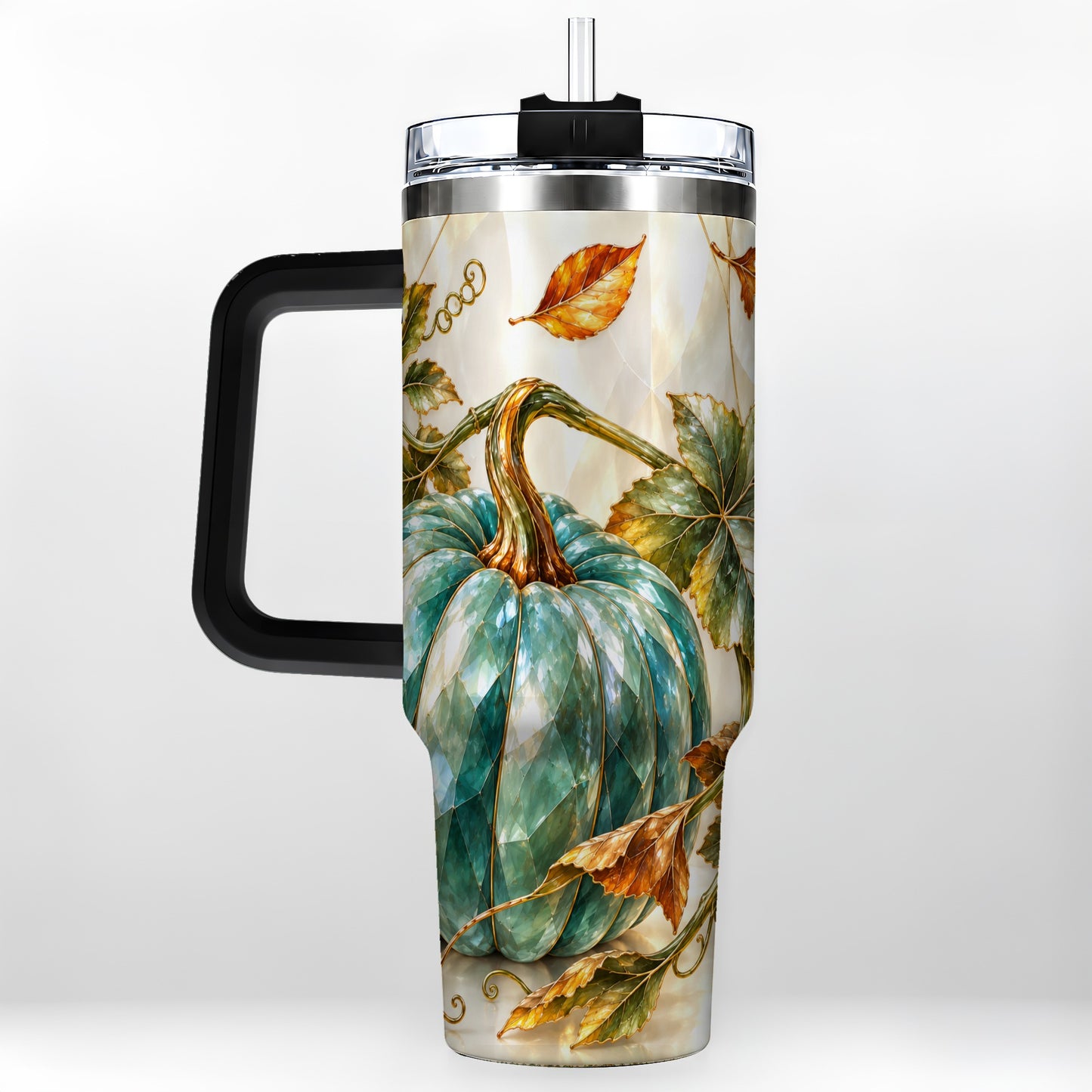 #pl[40oz|Black] Geometric Pumpkin 40oz Tumbler with Handle, Fall Stainless Steel Travel Cup