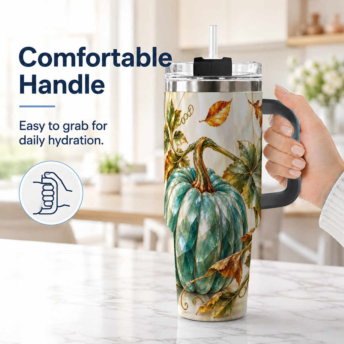 #pl[40oz|Black] Geometric Pumpkin 40oz Tumbler with Handle, Fall Stainless Steel Travel Cup