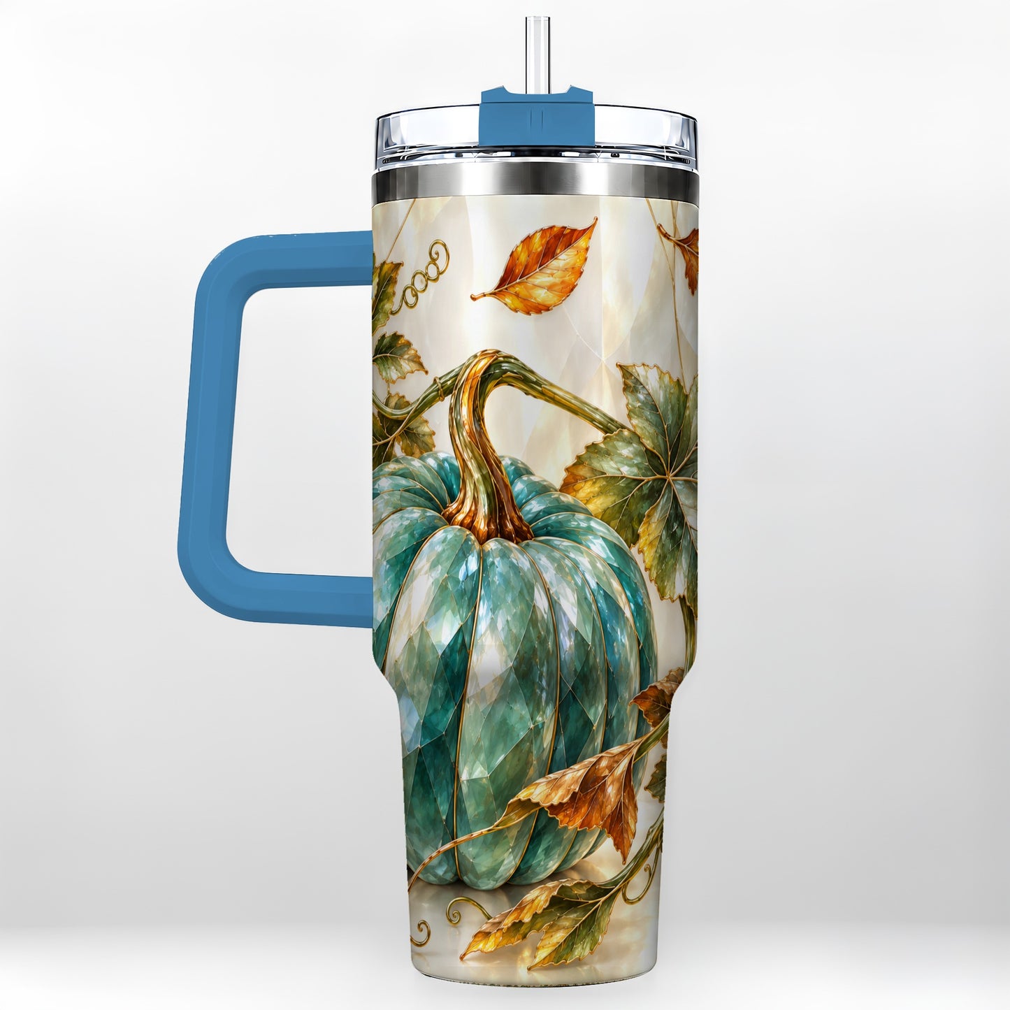 #pl[40oz|Blue] Geometric Pumpkin 40oz Tumbler with Handle, Fall Stainless Steel Travel Cup