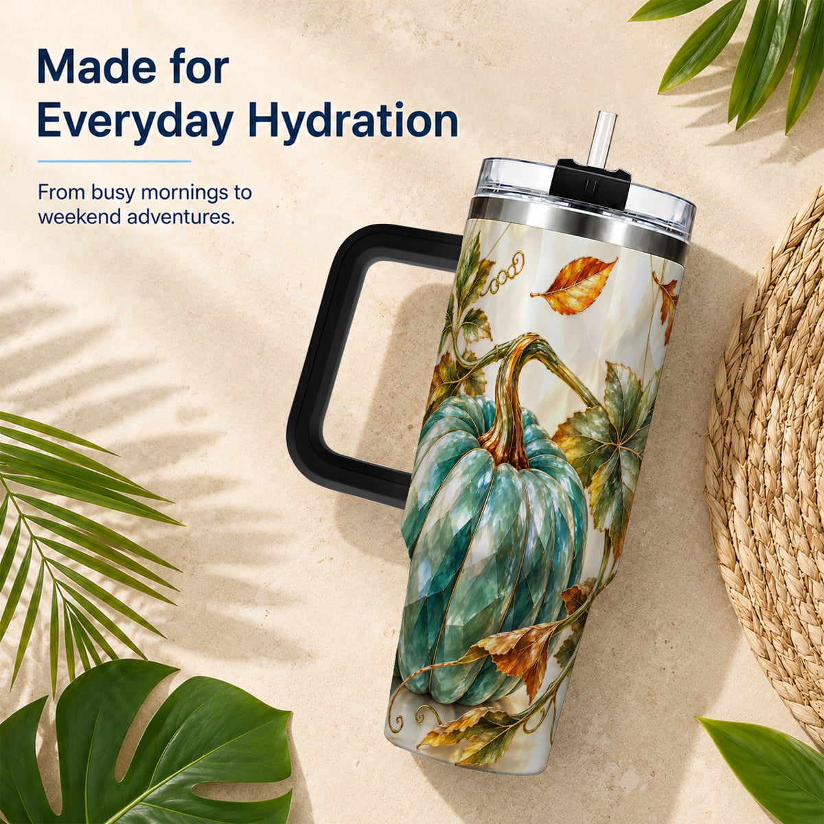 #pl[40oz|Black] Geometric Pumpkin 40oz Tumbler with Handle, Fall Stainless Steel Travel Cup