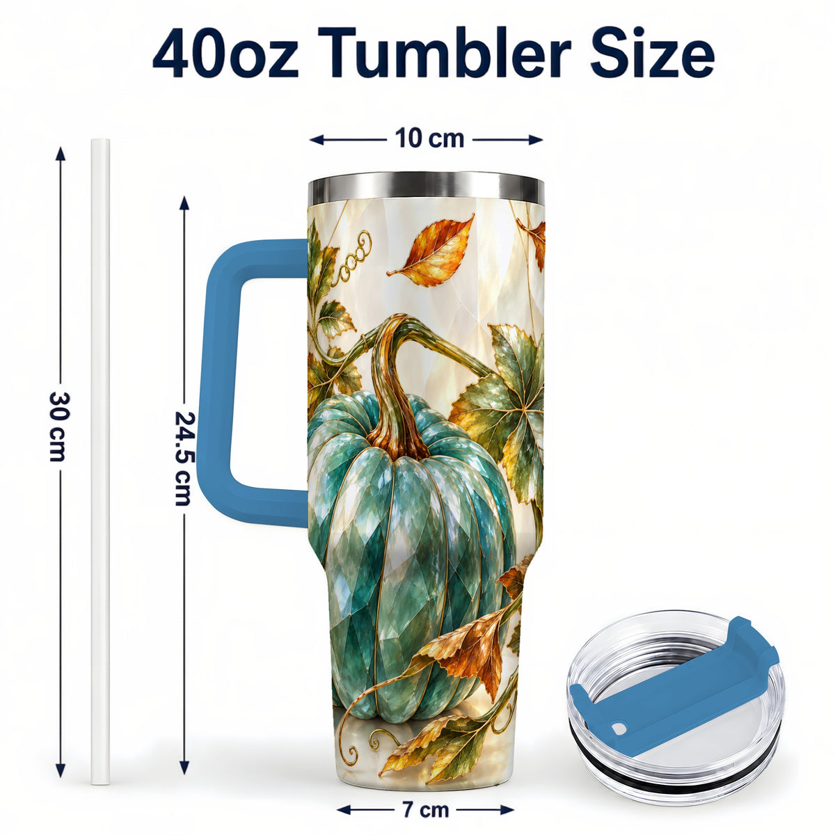 #pl[40oz|Blue] Geometric Pumpkin 40oz Tumbler with Handle, Fall Stainless Steel Travel Cup