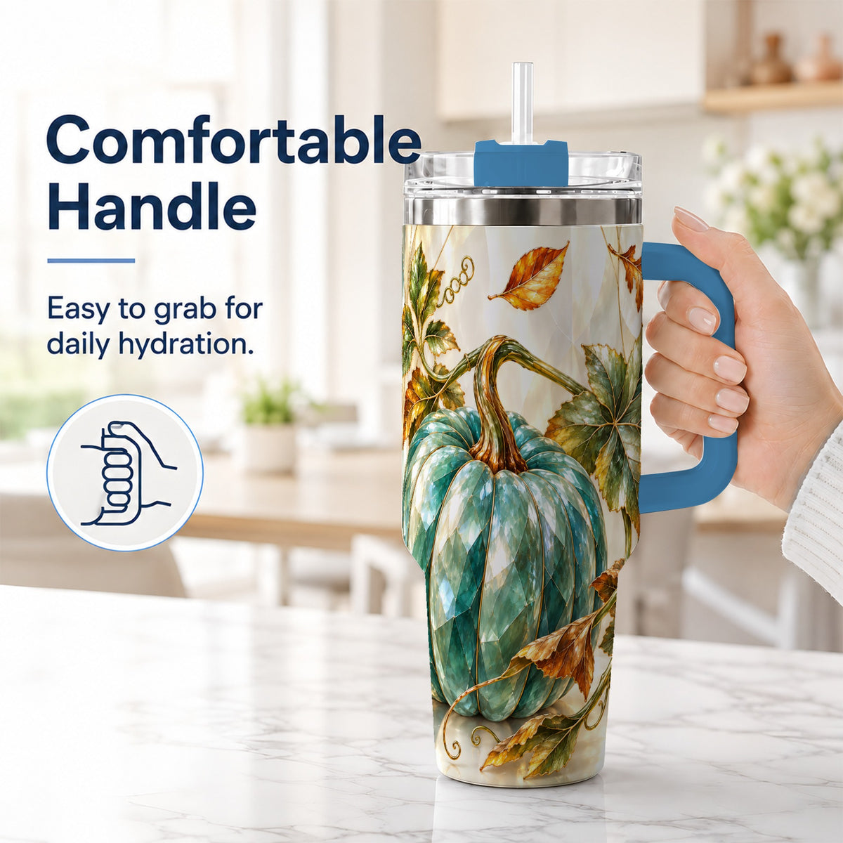 #pl[40oz|Blue] Geometric Pumpkin 40oz Tumbler with Handle, Fall Stainless Steel Travel Cup