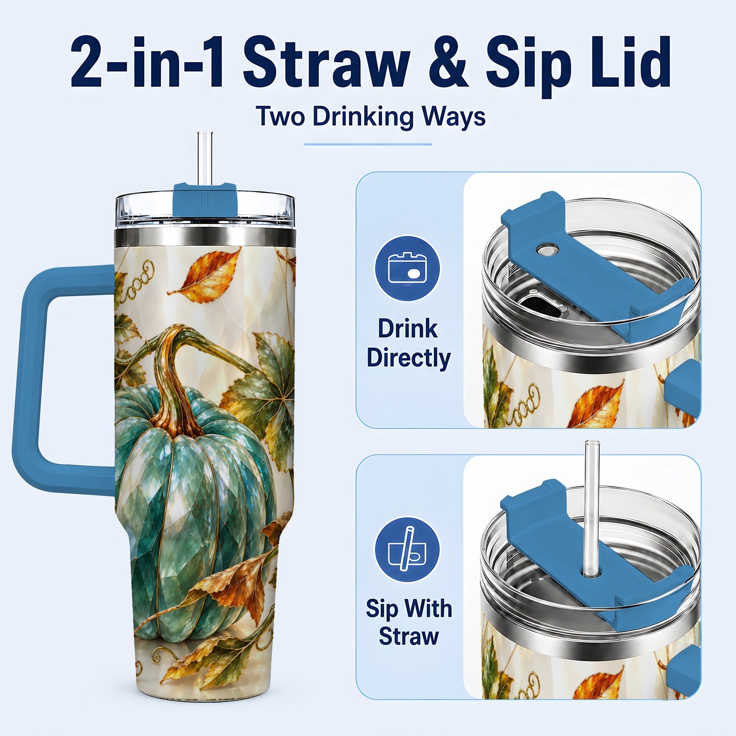 #pl[40oz|Blue] Geometric Pumpkin 40oz Tumbler with Handle, Fall Stainless Steel Travel Cup
