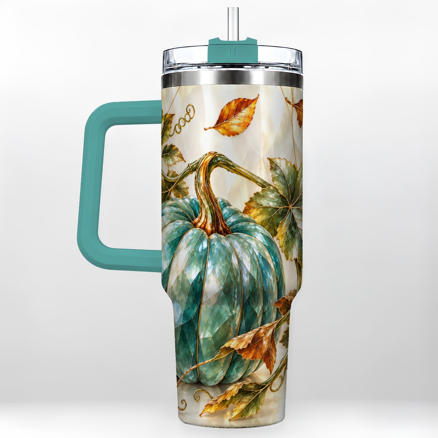 #pl[40oz|Green] Geometric Pumpkin 40oz Tumbler with Handle, Fall Stainless Steel Travel Cup