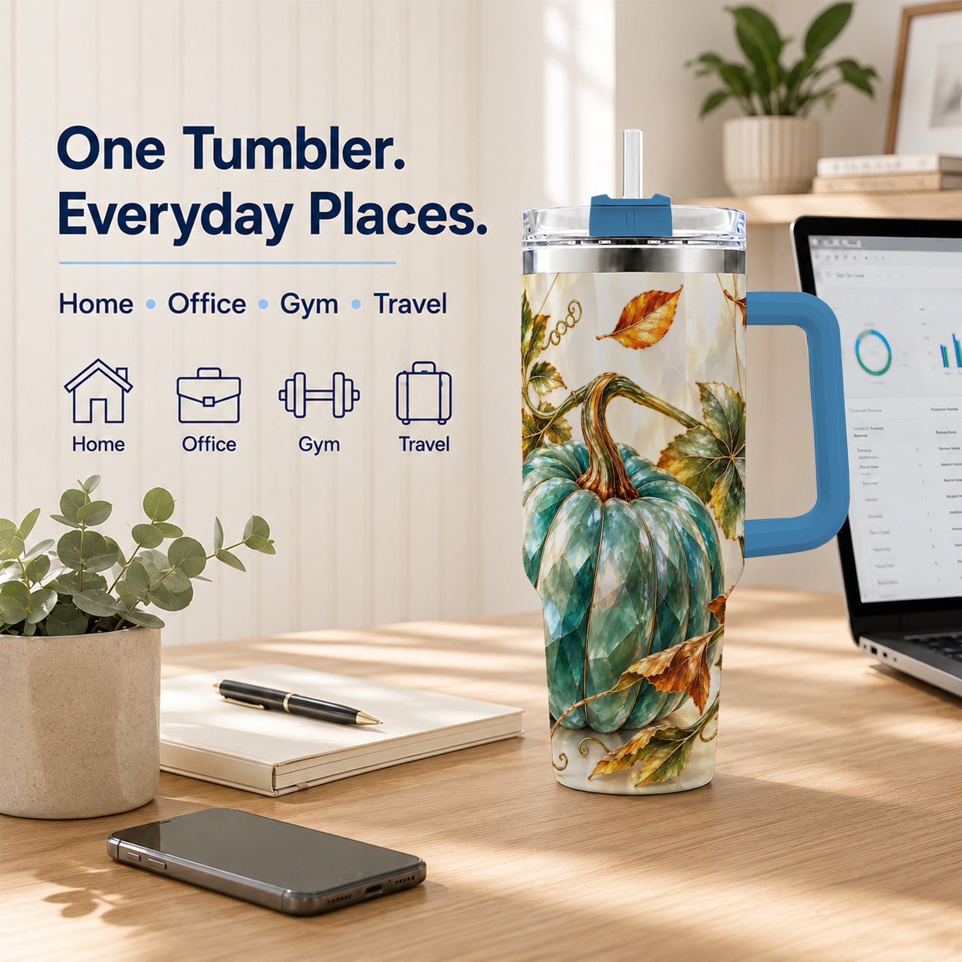 #pl[40oz|Blue] Geometric Pumpkin 40oz Tumbler with Handle, Fall Stainless Steel Travel Cup