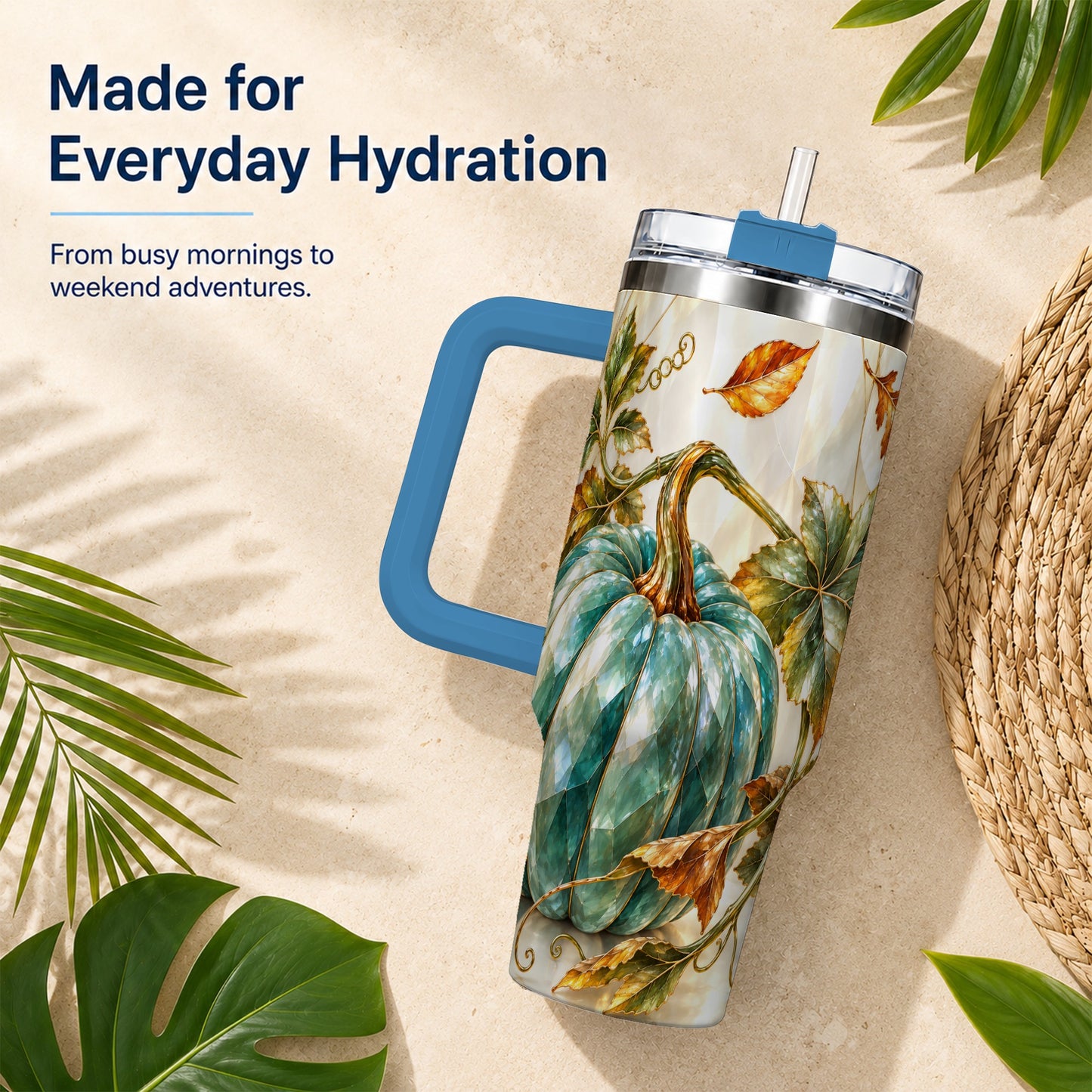 #pl[40oz|Blue] Geometric Pumpkin 40oz Tumbler with Handle, Fall Stainless Steel Travel Cup