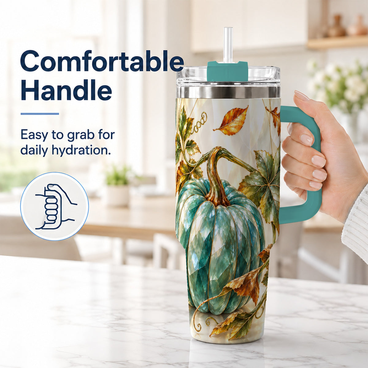 #pl[40oz|Green] Geometric Pumpkin 40oz Tumbler with Handle, Fall Stainless Steel Travel Cup