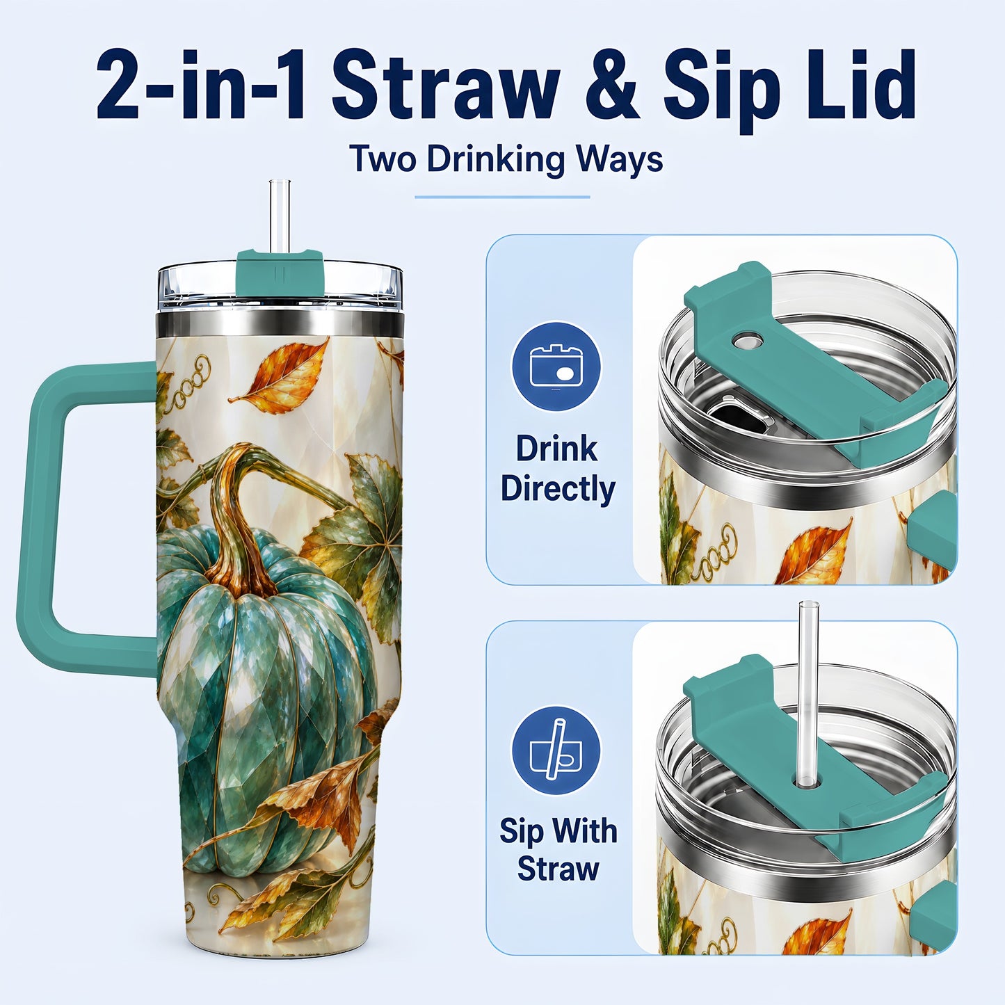 #pl[40oz|Green] Geometric Pumpkin 40oz Tumbler with Handle, Fall Stainless Steel Travel Cup