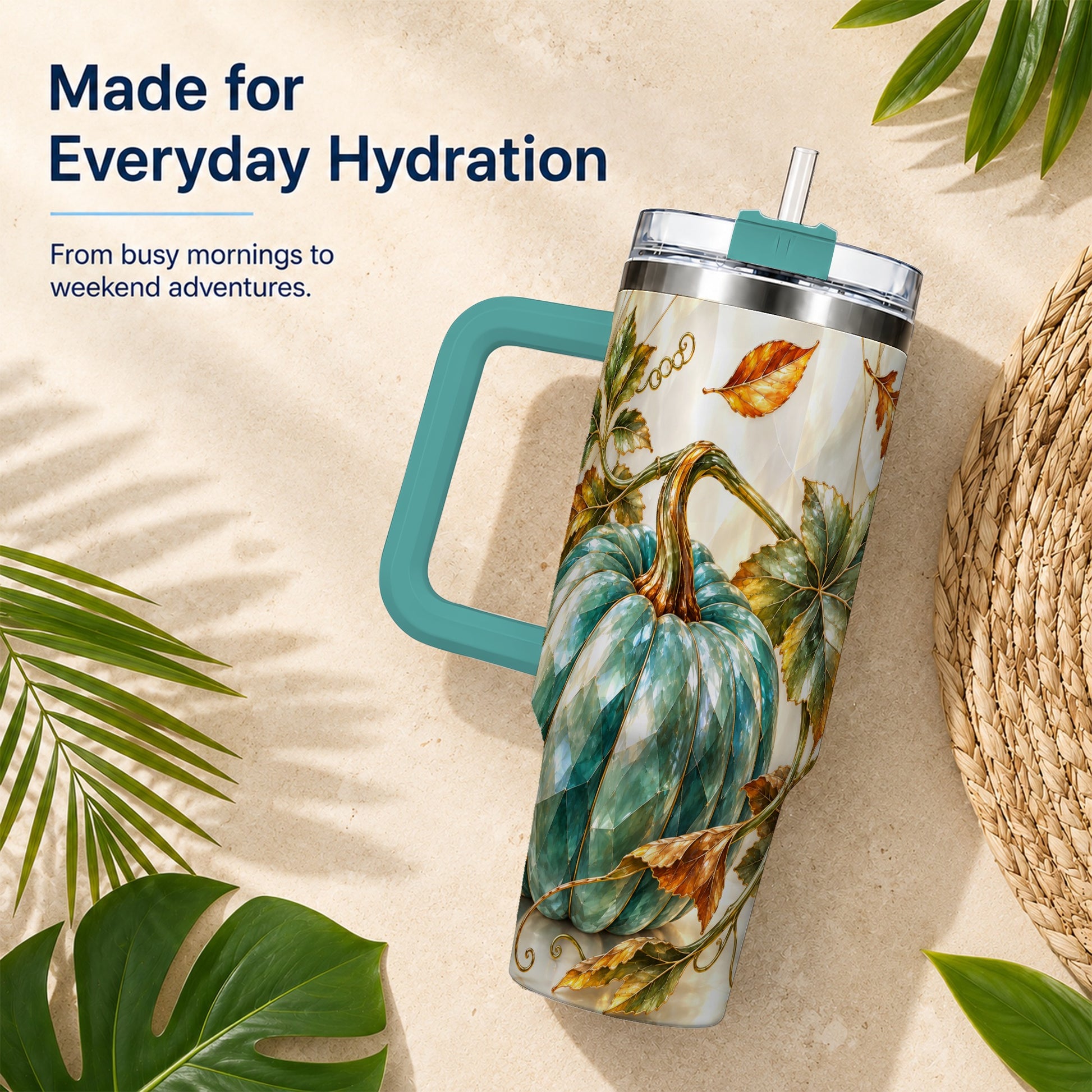 #pl[40oz|Green] Geometric Pumpkin 40oz Tumbler with Handle, Fall Stainless Steel Travel Cup