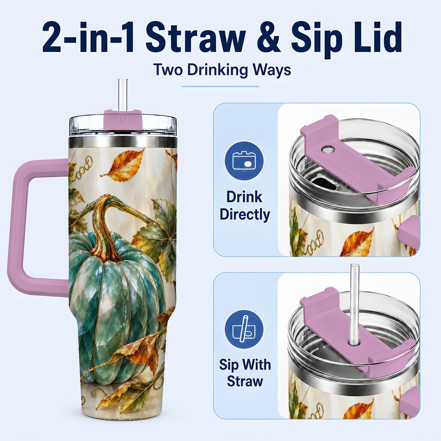 #pl[40oz|Pink] Geometric Pumpkin 40oz Tumbler with Handle, Fall Stainless Steel Travel Cup