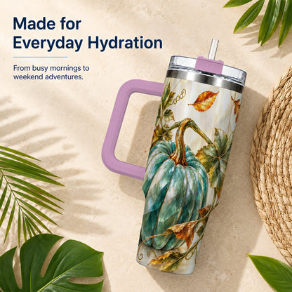 #pl[40oz|Pink] Geometric Pumpkin 40oz Tumbler with Handle, Fall Stainless Steel Travel Cup