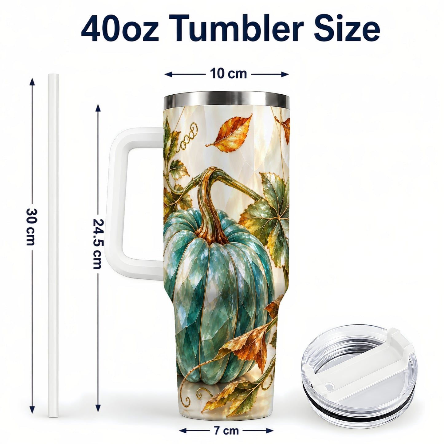 #pl[40oz|White] Geometric Pumpkin 40oz Tumbler with Handle, Fall Stainless Steel Travel Cup