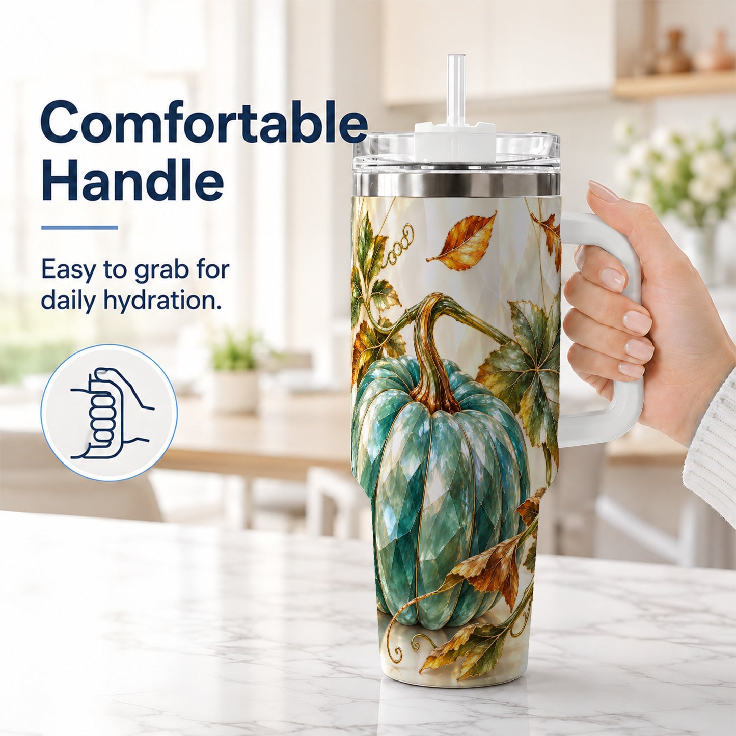 #pl[40oz|White] Geometric Pumpkin 40oz Tumbler with Handle, Fall Stainless Steel Travel Cup