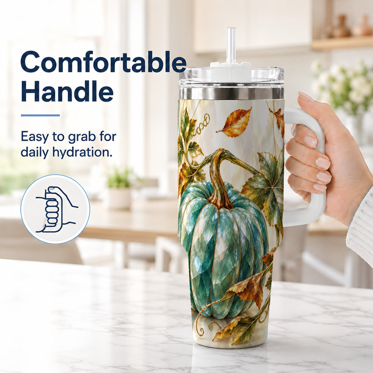 #pl[40oz|White] Geometric Pumpkin 40oz Tumbler with Handle, Fall Stainless Steel Travel Cup
