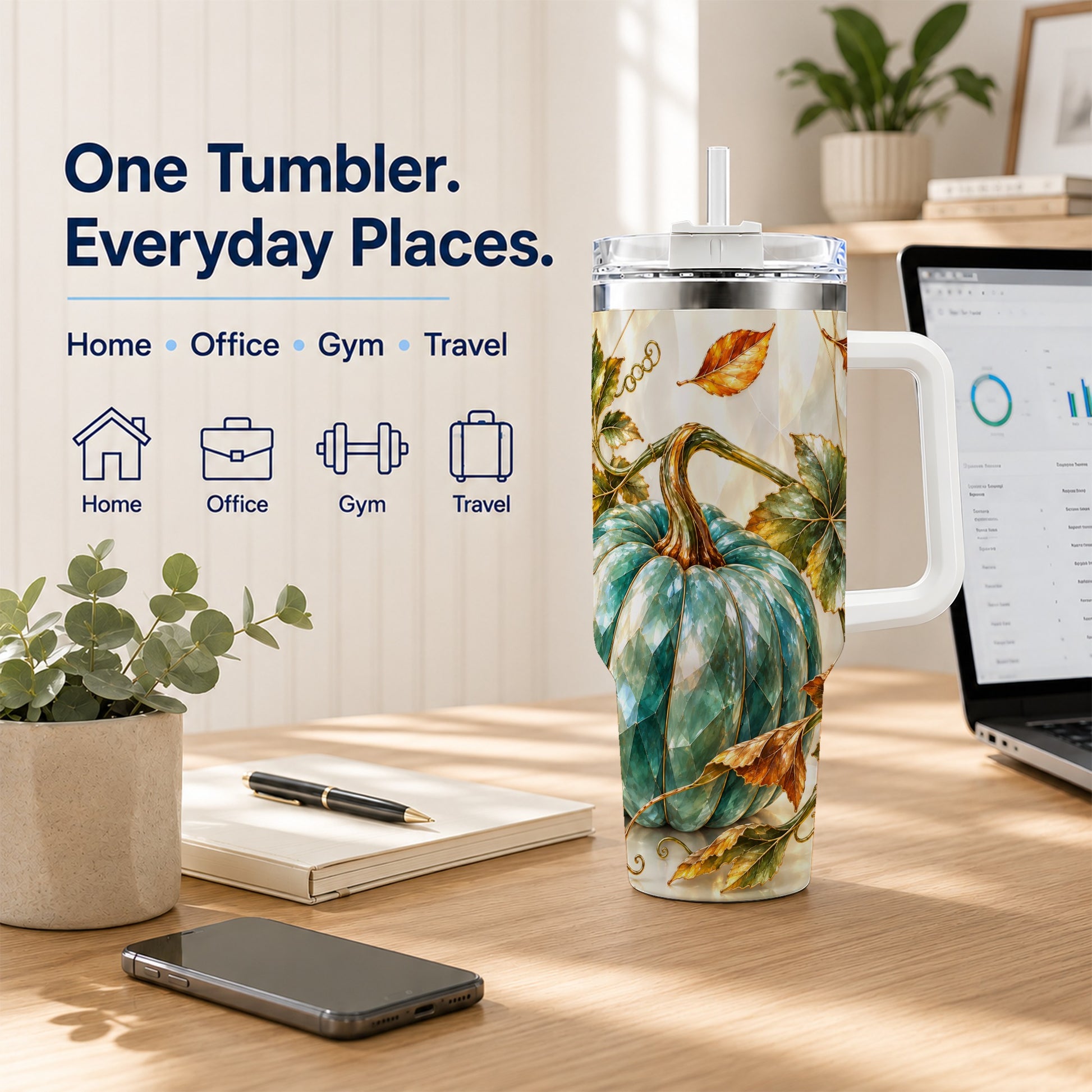 #pl[40oz|White] Geometric Pumpkin 40oz Tumbler with Handle, Fall Stainless Steel Travel Cup