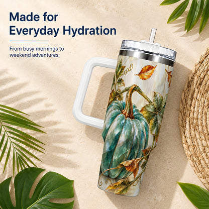 #pl[40oz|White] Geometric Pumpkin 40oz Tumbler with Handle, Fall Stainless Steel Travel Cup