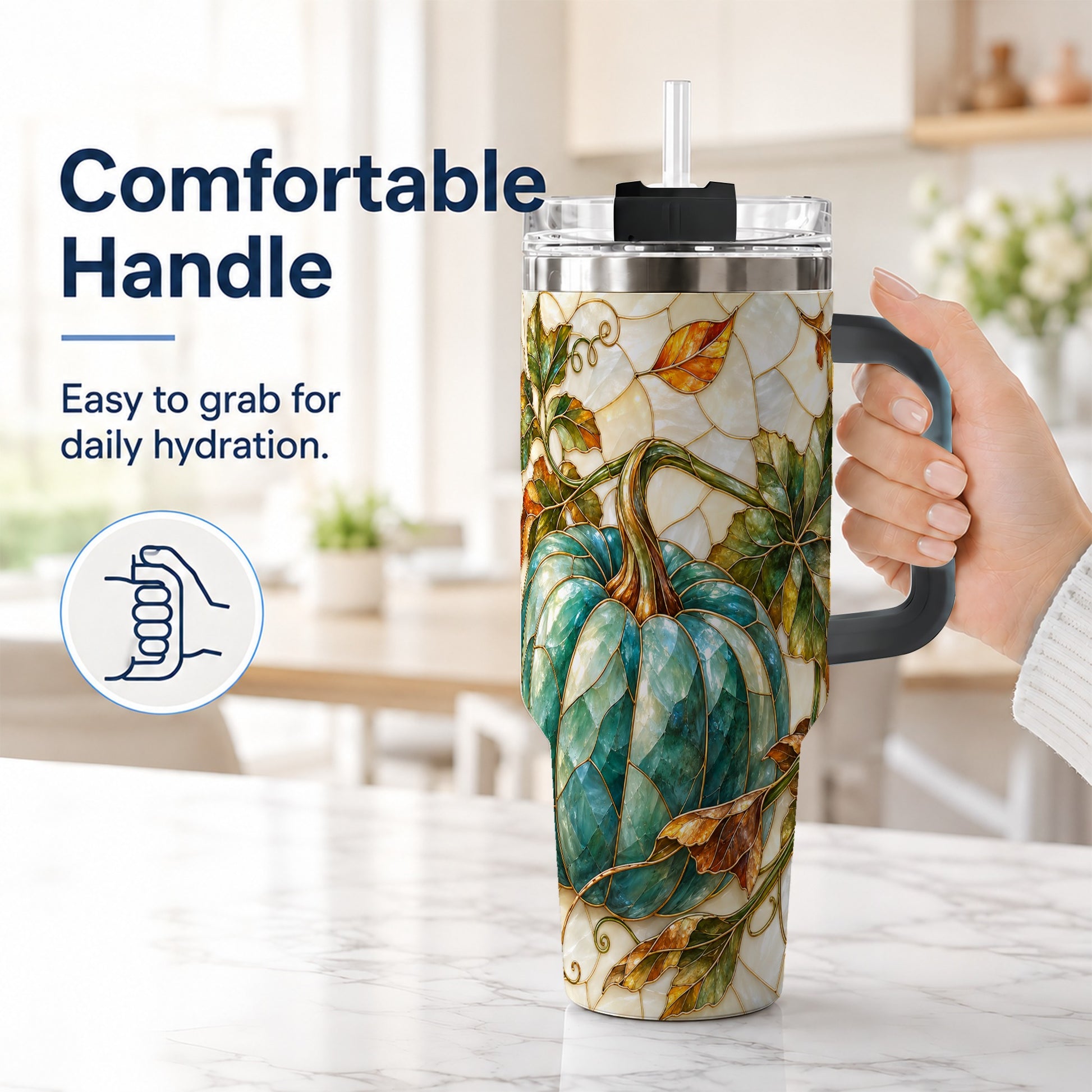 #pl[40oz|Black] Mosaic Pumpkin 40oz Tumbler with Handle, Fall Stainless Steel Travel Cup