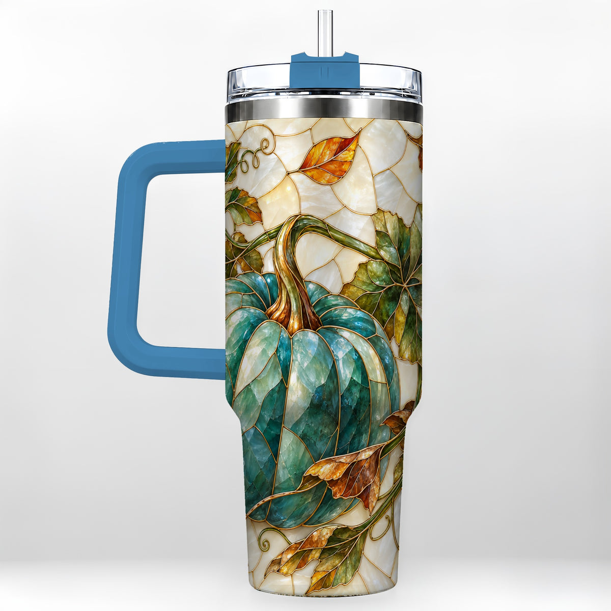 #pl[40oz|Blue] Mosaic Pumpkin 40oz Tumbler with Handle, Fall Stainless Steel Travel Cup