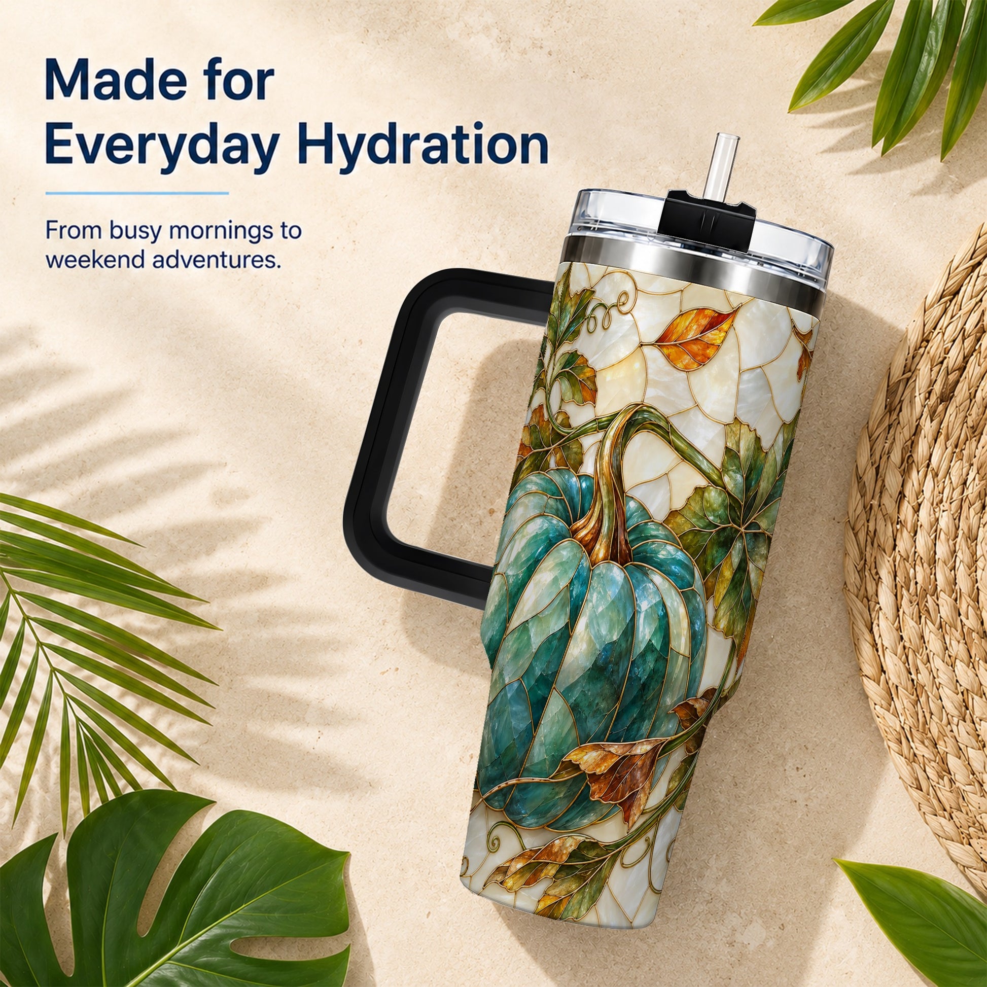 #pl[40oz|Black] Mosaic Pumpkin 40oz Tumbler with Handle, Fall Stainless Steel Travel Cup