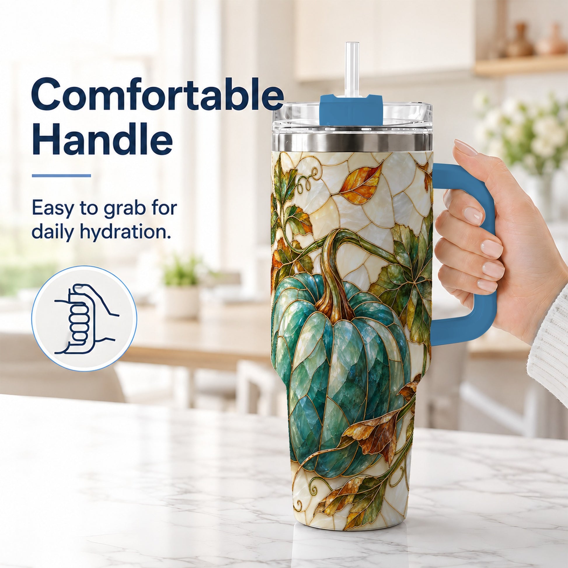 #pl[40oz|Blue] Mosaic Pumpkin 40oz Tumbler with Handle, Fall Stainless Steel Travel Cup