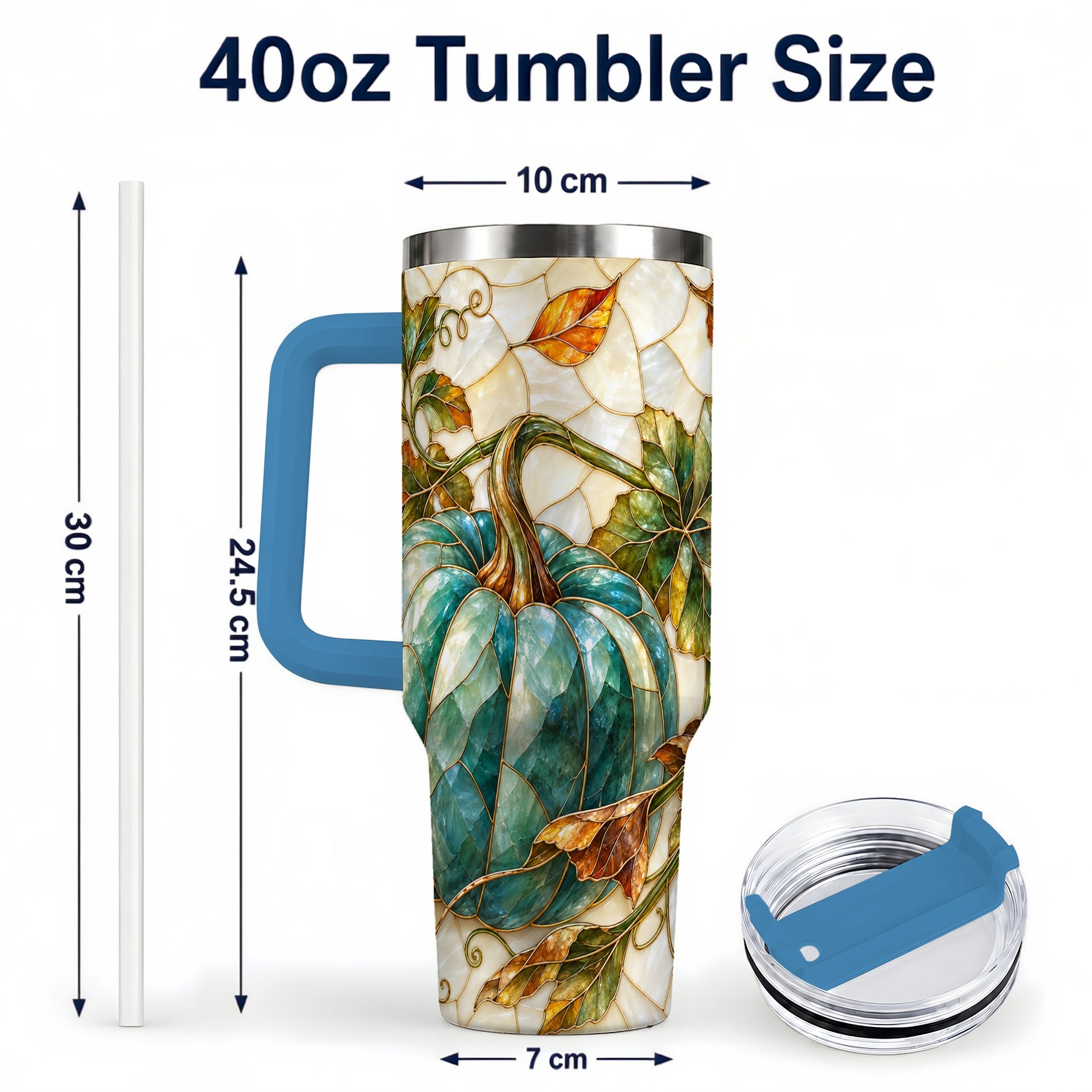 #pl[40oz|Blue] Mosaic Pumpkin 40oz Tumbler with Handle, Fall Stainless Steel Travel Cup